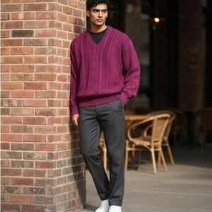 Vintage Claiborne 100% Cotton Cable Knit V-Neck Sweater - Burgundy